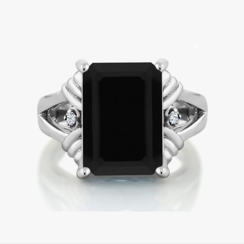 6.43 Cttw 925 Sterling Silver Black Onyx and Diamond Ring